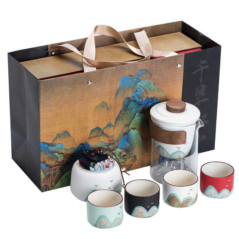Hand - painted Distant Mountains Chinese - style Trendy Kung Fu Tea Set (Whole Set Gift Box, High - end Business Gift for Leaders, Teachers, Fathers, One Pot and Four Cups)