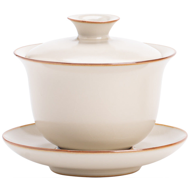 Beige Ru Kiln - Style Kung Fu Tea Set (Three - Piece Covered Bowl, Non - Scalding Crackle Ceramic) for Home & Office Use