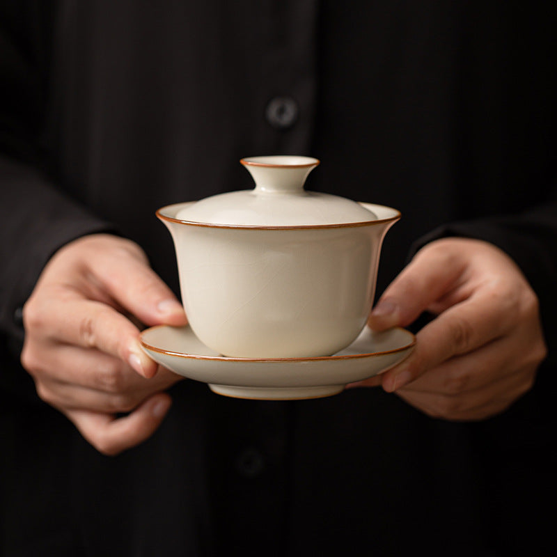 Beige Ru Kiln - Style Kung Fu Tea Set (Three - Piece Covered Bowl, Non - Scalding Crackle Ceramic) for Home & Office Use