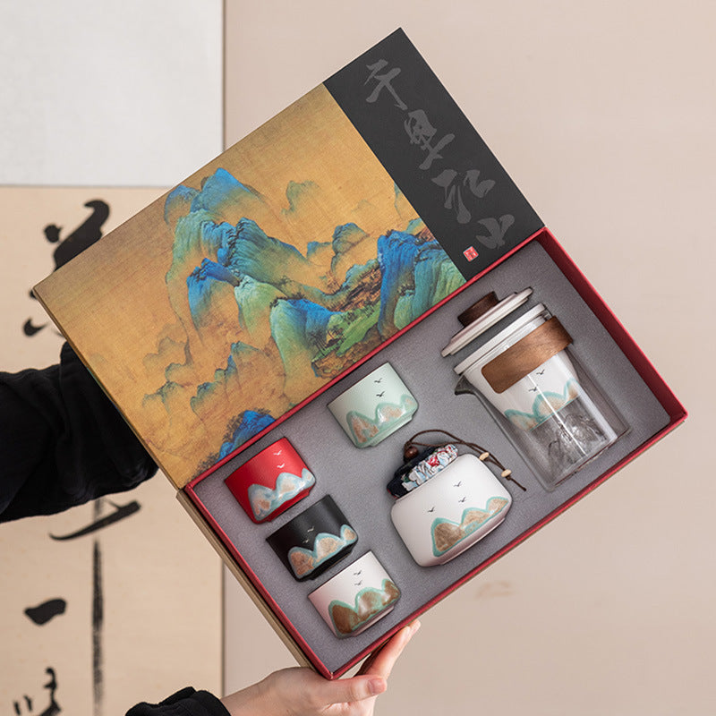 Hand - painted Distant Mountains Chinese - style Trendy Kung Fu Tea Set (Whole Set Gift Box, High - end Business Gift for Leaders, Teachers, Fathers, One Pot and Four Cups)