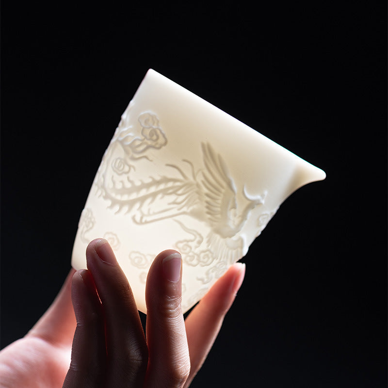 Mutton Fat Jade Porcelain High - grade Fair Cup with Embossed Patterns, Exquisite Tea - making Accessory (Also Available as Ceramic Covered Bowl, Teapot, or Single Host Cup)