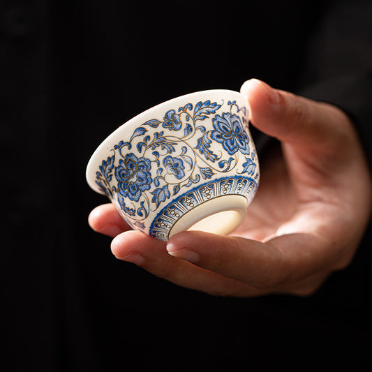 Blue and White Porcelain Tea Cup for Tea Tasting (Host Cup with Entwined Lotus Pattern, High - Grade Porcelain Light Luxury Personal Tea Bowl, Weighty Single Cup for Household Use)