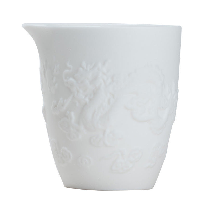 Mutton Fat Jade Porcelain High - grade Fair Cup with Embossed Patterns, Exquisite Tea - making Accessory (Also Available as Ceramic Covered Bowl, Teapot, or Single Host Cup)