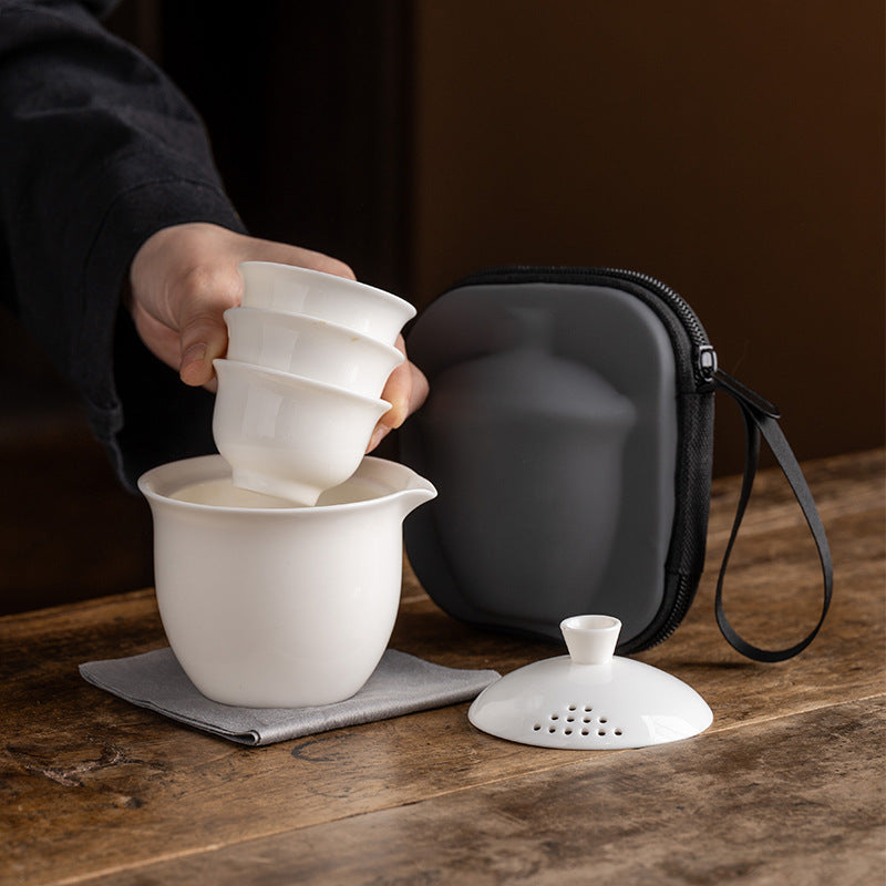 Luxury Yangzhiyu Porcelain Travel Kung Fu Tea Set (1 Teapot + 3 Cups), Portable for Outdoors, High - end Business & Memorial Gift