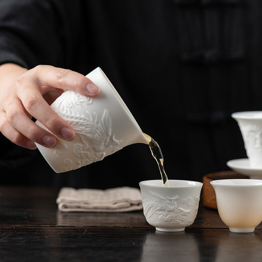 Mutton Fat Jade Porcelain High - grade Fair Cup with Embossed Patterns, Exquisite Tea - making Accessory (Also Available as Ceramic Covered Bowl, Teapot, or Single Host Cup)