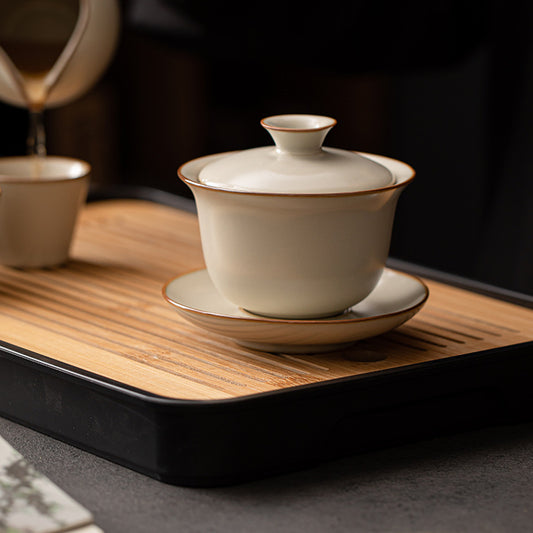 Beige Ru Kiln - Style Kung Fu Tea Set (Three - Piece Covered Bowl, Non - Scalding Crackle Ceramic) for Home & Office Use