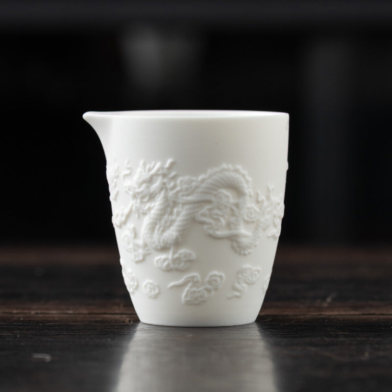 Mutton Fat Jade Porcelain High - grade Fair Cup with Embossed Patterns, Exquisite Tea - making Accessory (Also Available as Ceramic Covered Bowl, Teapot, or Single Host Cup)